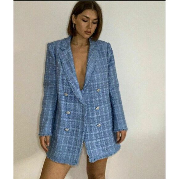 Zara M BLAZER JACKET Tweed Long sky BLUE silver crystallized buttons oversized - Picture 7 of 11